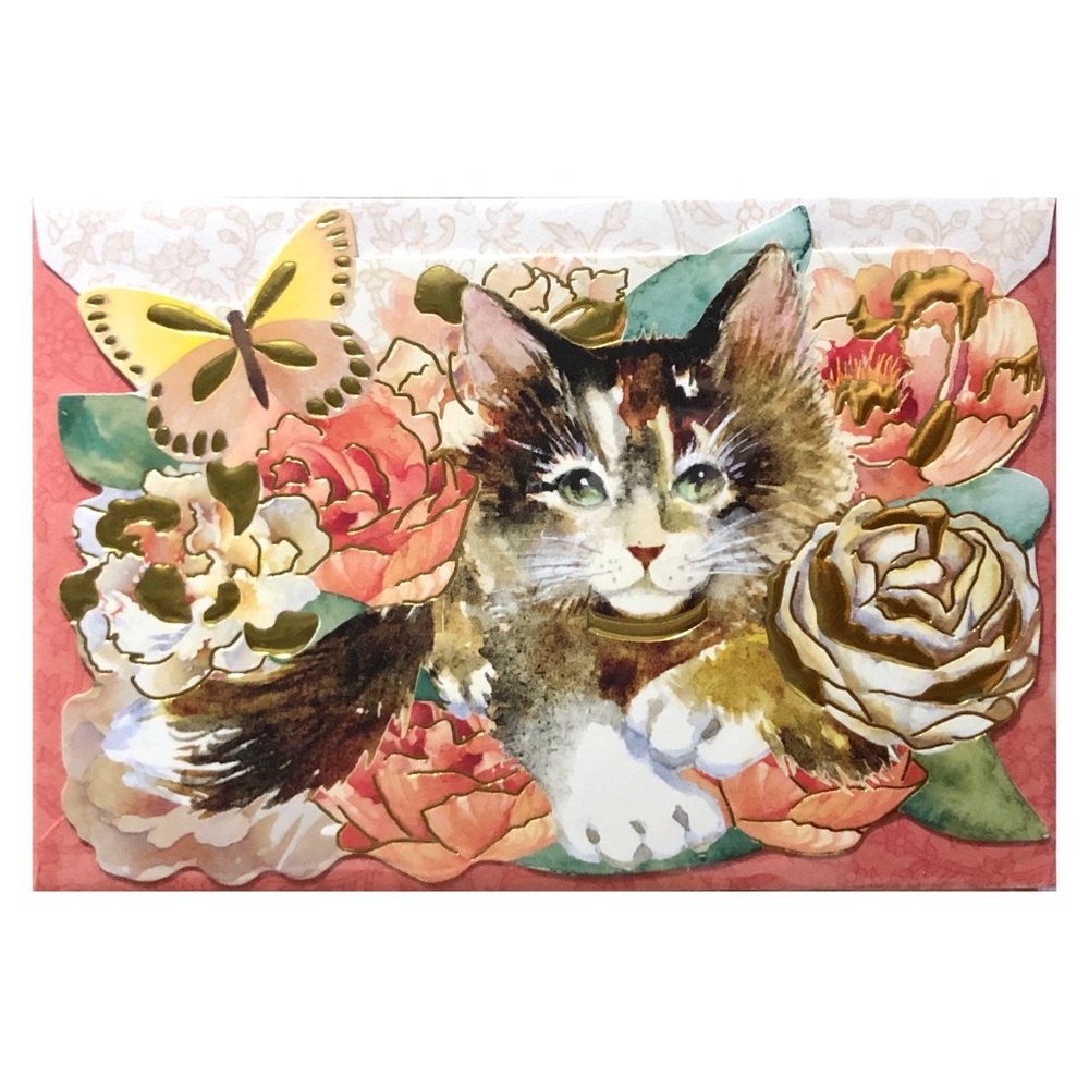 Punch Studio Single Embellished Die-Cut Fancy Cards ~ Garden Kitty Cat (61538)